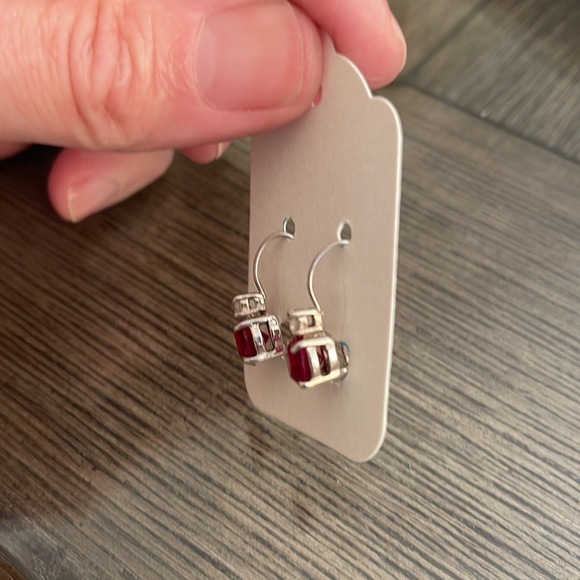 Vintage Sterling Silver Red Gem Hook Wire Earrings - Picture 6 of 12